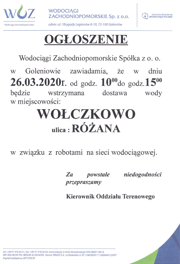 Wstrzymanie dostawy wody w Wołczkowie - 26.03.2020r.