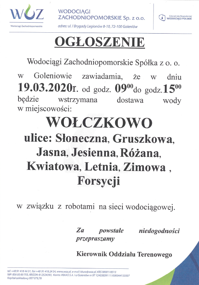Wstrzymanie dostawy wody w Wołczkowie - 19.03.2020 r.
