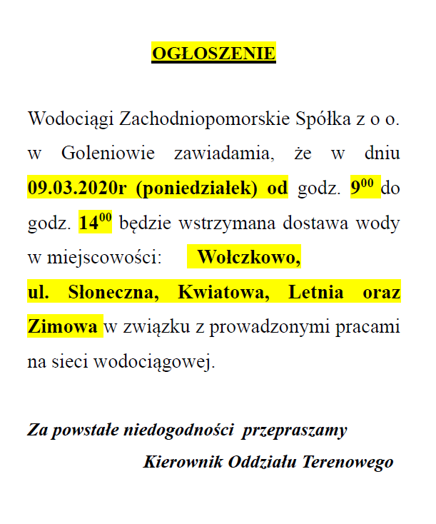 Wstrzymanie dostawy wody w Wołczkowie - 09.03.2020 r.