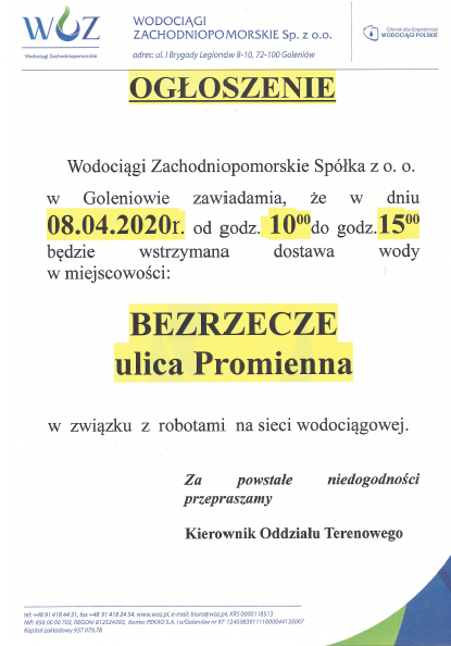 Wstrzymanie dostawy wody w Bezrzeczu - 08.04.2020