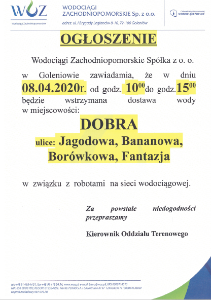 Wstrzymanie dostawy wody w Dobrej - 08.04.2020