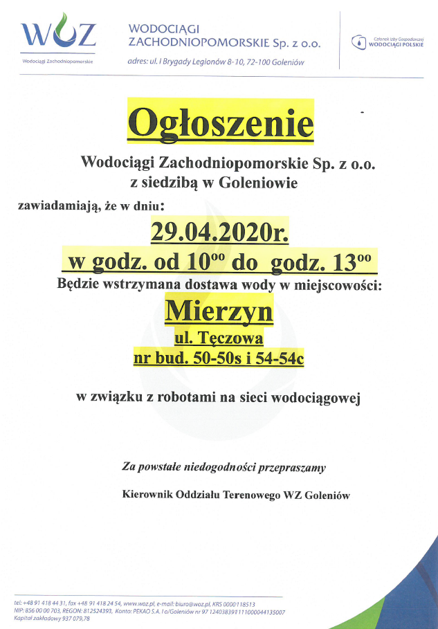 Wstrzymanie dostawy wody w Mierzynie - 29.04.2020