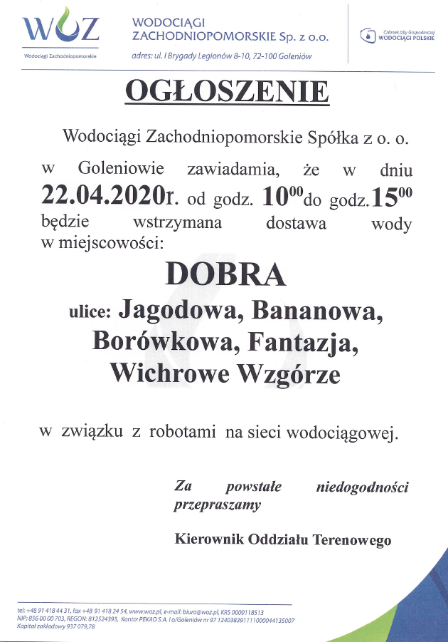 Wstrzymanie dostawy wody w Dobrej - 22.04.2020