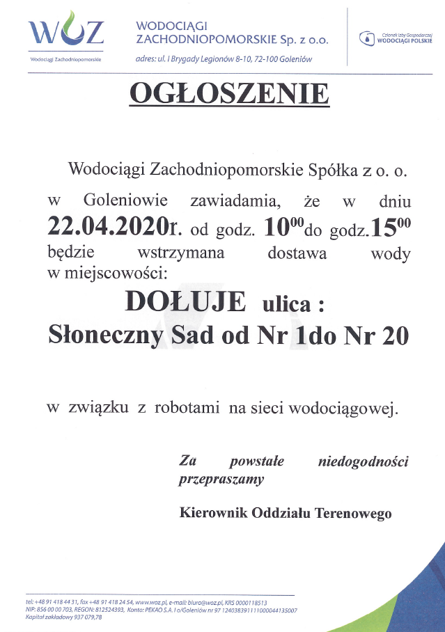 Wstrzymanie dostawy wody w Dołujach - 22.04.2020