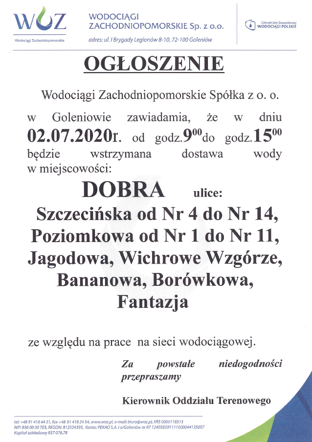 Wstrzymanie dostawy wody w Dobrej - 02.07.2020 r.
