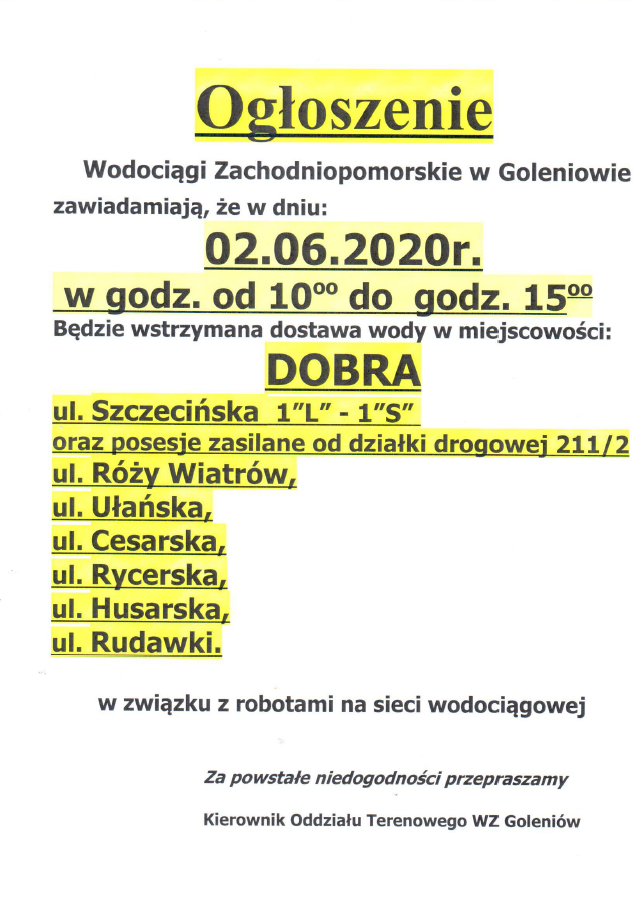 Wstrzymanie dostawy wody w Dobrej - 02.06.2020