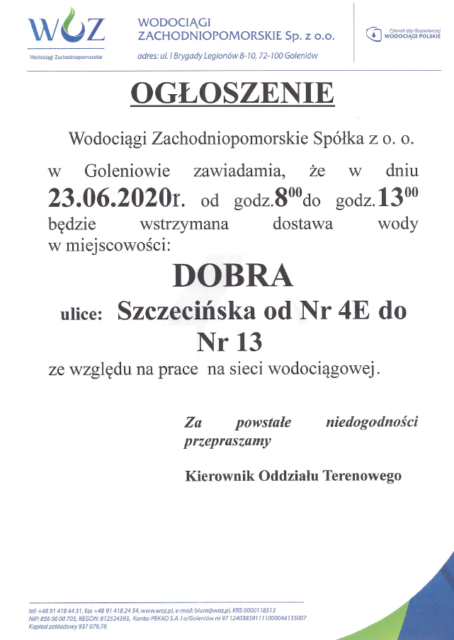 Wstrzymanie dostawy wody w Dobrej - 23.06.2020