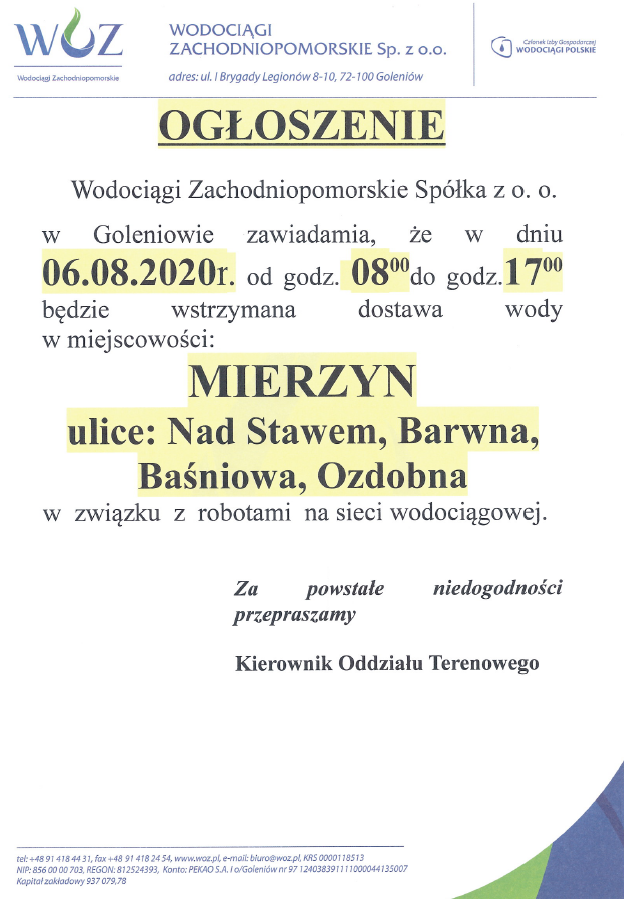 Wstrzymanie dostawy wody w Mierzynie - 06.08.2020