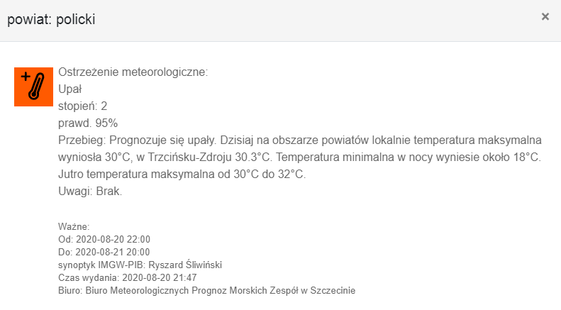 Ostrzeżenie meteorologiczne w dniu 21.08.2020