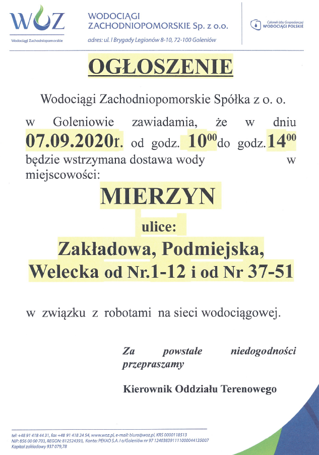 Wstrzymanie dostawy wody w Mierzynie - 07.09.2020 r.