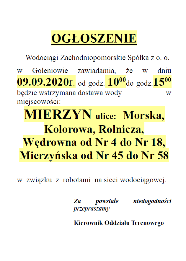 Wstrzymanie dostawy w Mierzynie w dniu 09.09.2020 r.