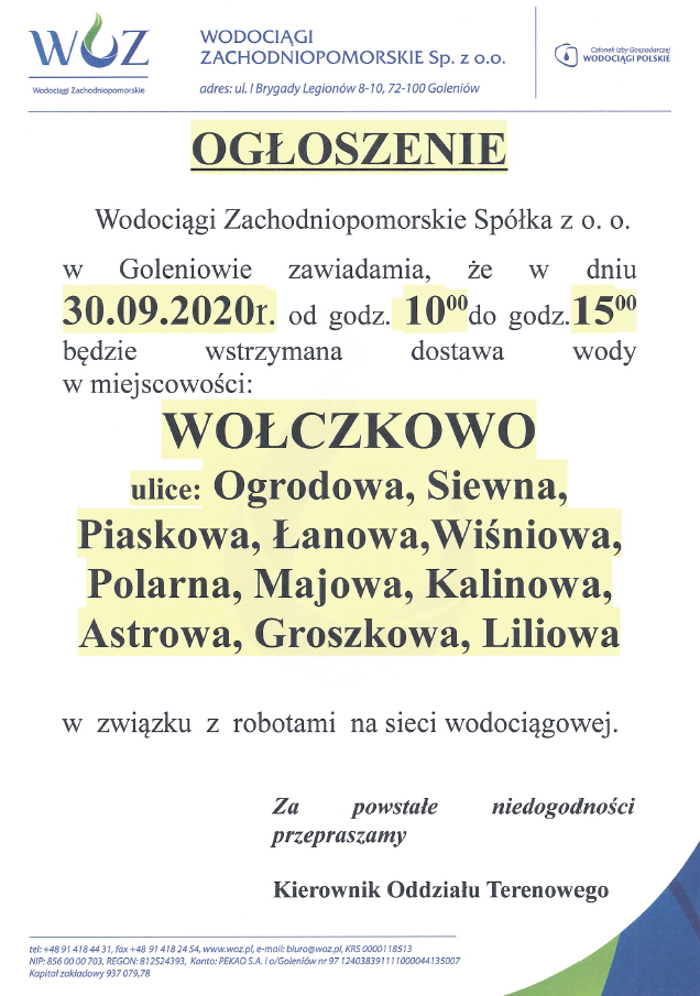 Wstrzymanie dostawy wody w Wołczkowie - 30.09.2020 r.