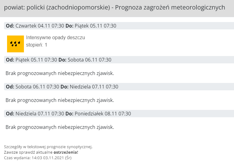 Ostrzeżenie meteorologiczne w dniu 04.11.2021 r.