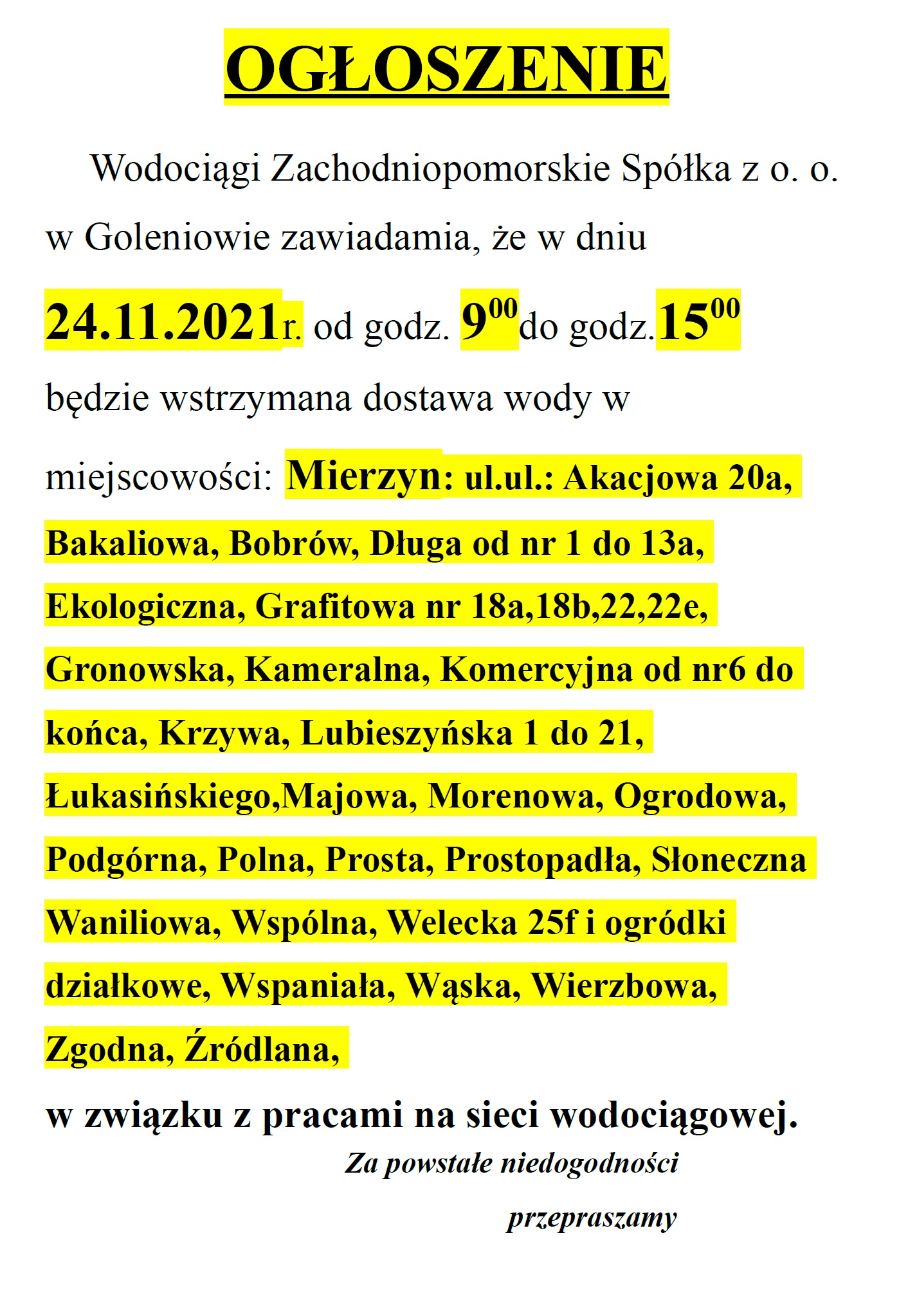 Ogłoszenie o wstrzymaniu wody w dniu 24 listopada 2021r. 