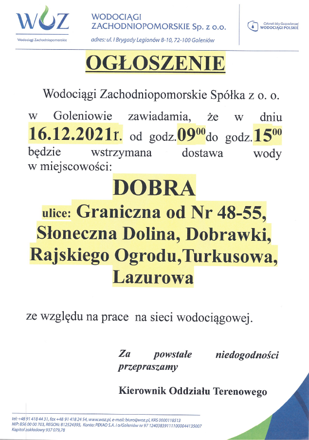 Wstrzymanie dostawy wody w Dobrej w dniu 16.12.2021