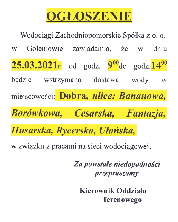 Wstrzymanie dostawy wody w Dobrej - 25.03.2021