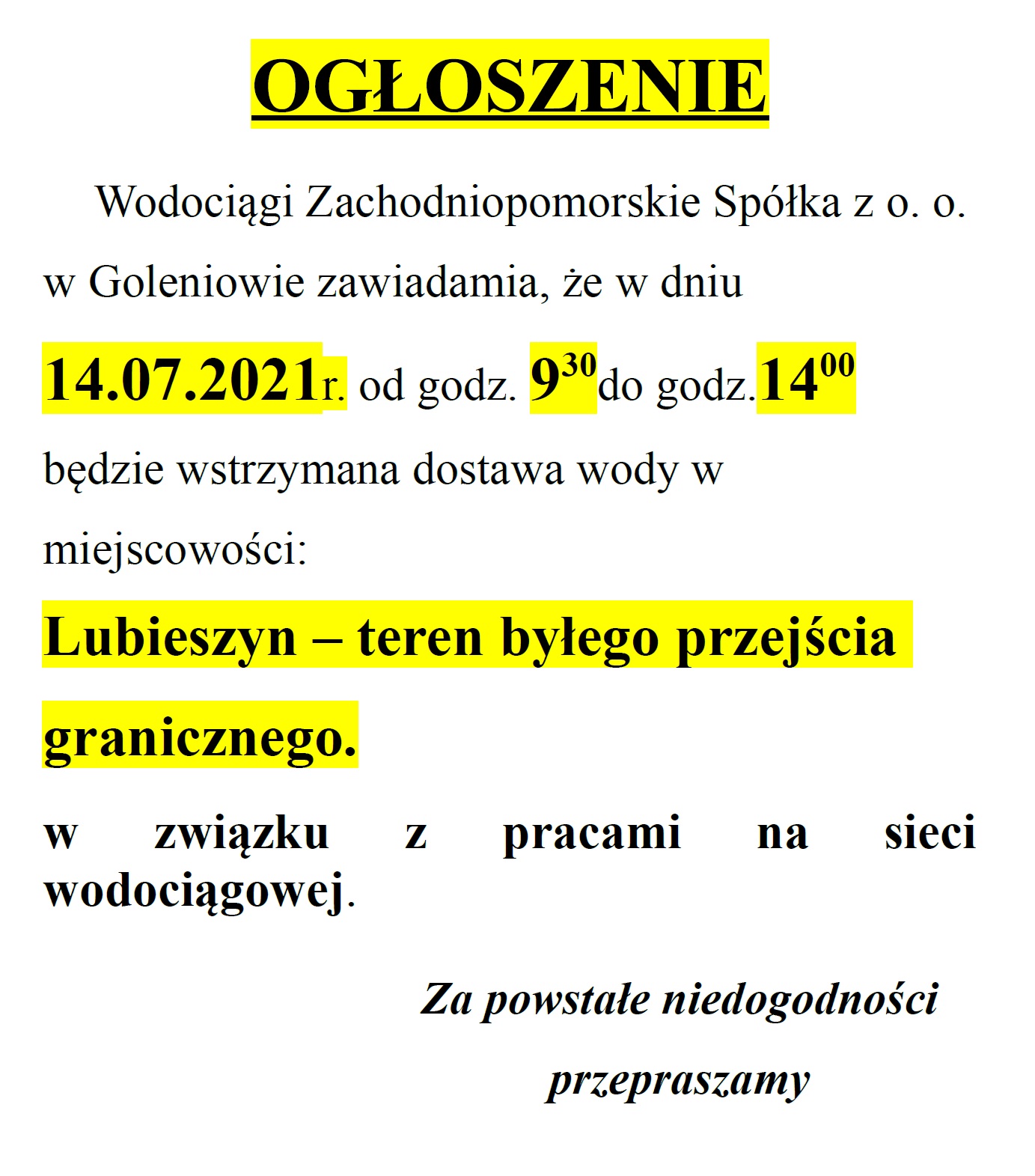 14.07.2021r. wyłączenie wody w miejscowości Lubieszyn