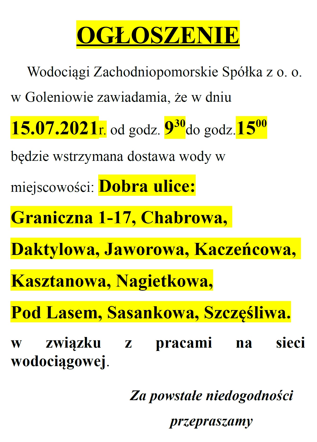15.07.2021r. wyłączenie wody w miejscowości Dobra dla ulic wskazanych poniżej