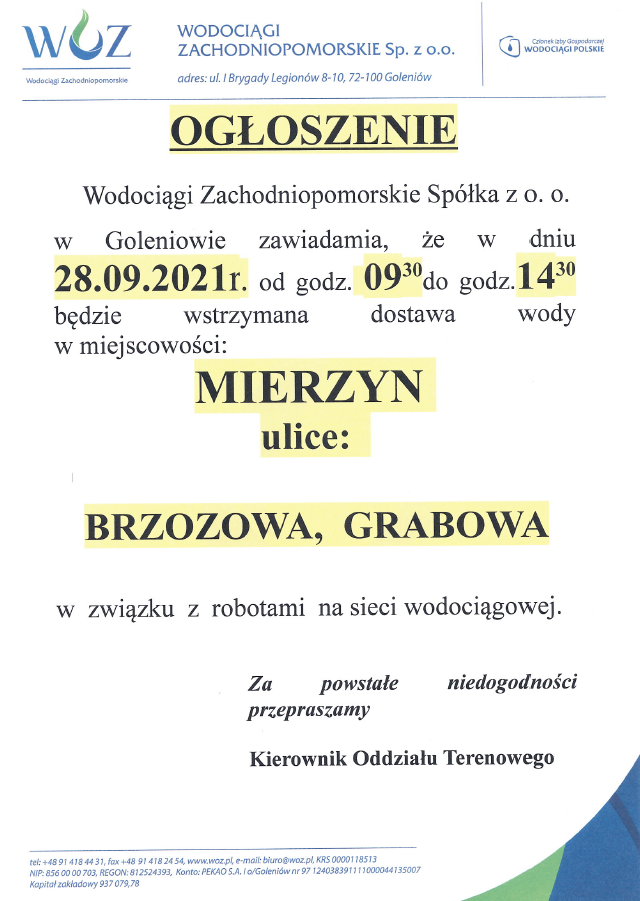 Wstrzymanie dostawy wody w Mierzynie w dniu 28.09.2021