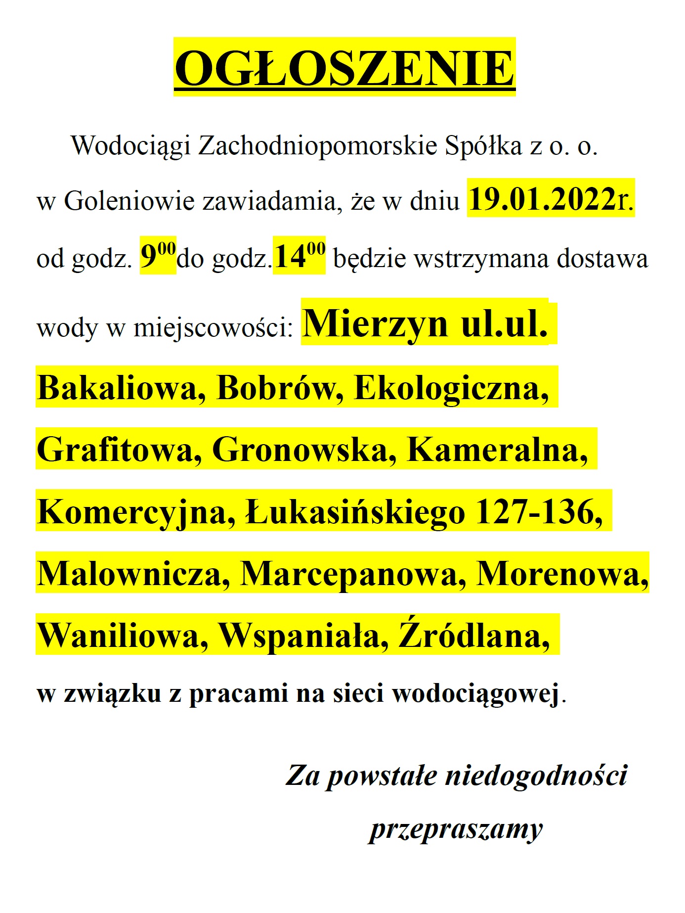 Ogłoszenie o wstrzymaniu dostawy wody w dniu 19 stycznia 2022r. 