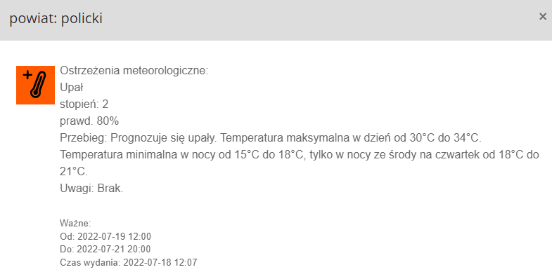 Ostrzeżenie meteorologiczne w dniach 19.07 - 21.07.2022