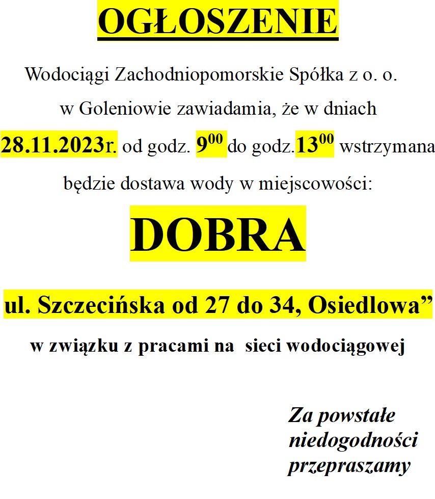 Wstrzymanie dostawy wody w Dobrej w dniu 28.11.2023r. 
