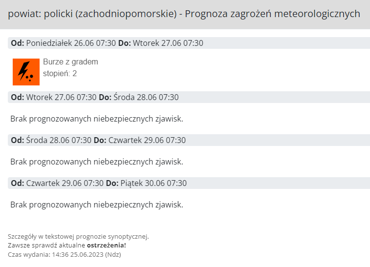 Ostrzeżenie meteorologiczne w dniach 26.06 - 27.06.2023 r.