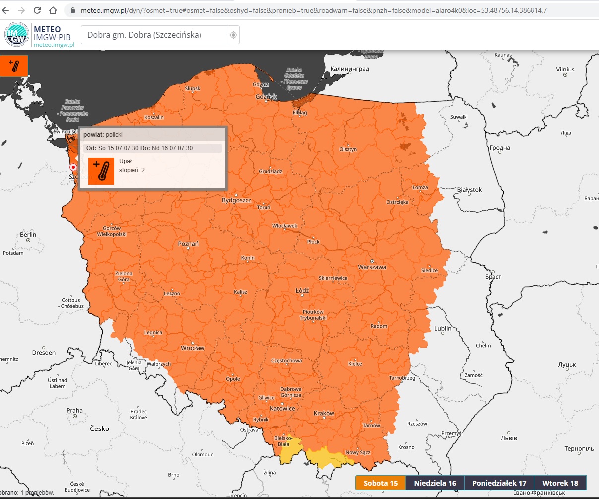 Ostrzeżenie meteo na 15.07.2023r.