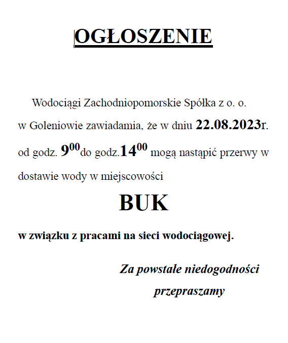 Wstrzymanie dostawy wody w Buku w dniu 22.08.2023 r.