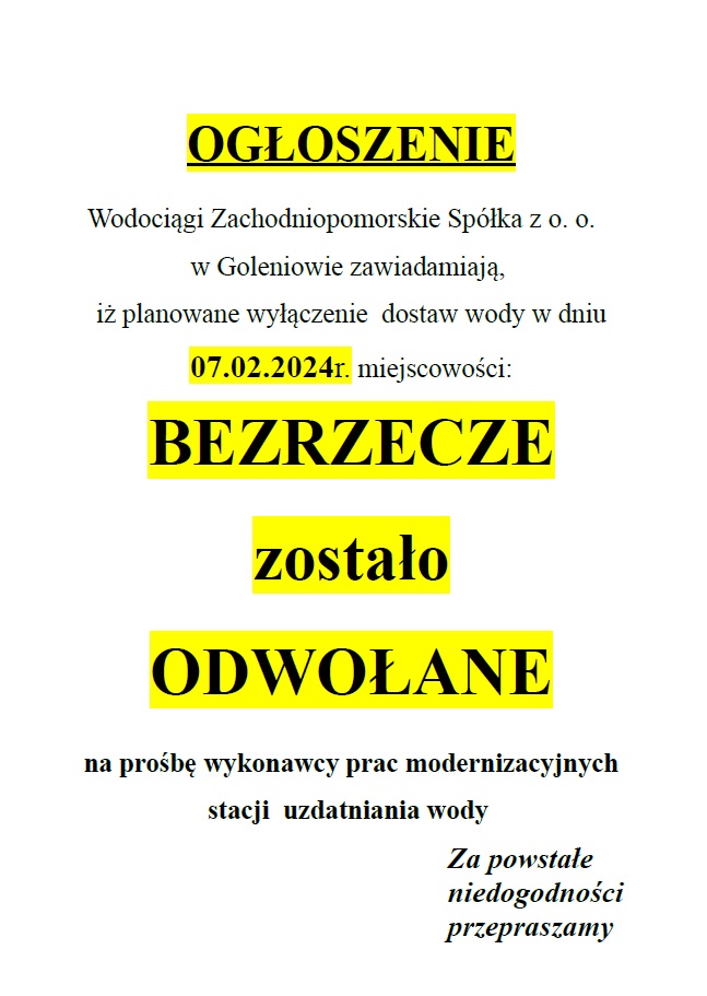Wyłączenie dostawy wody w Bezrzeczu w dniu 07.02.2024 r. zostało odwołane